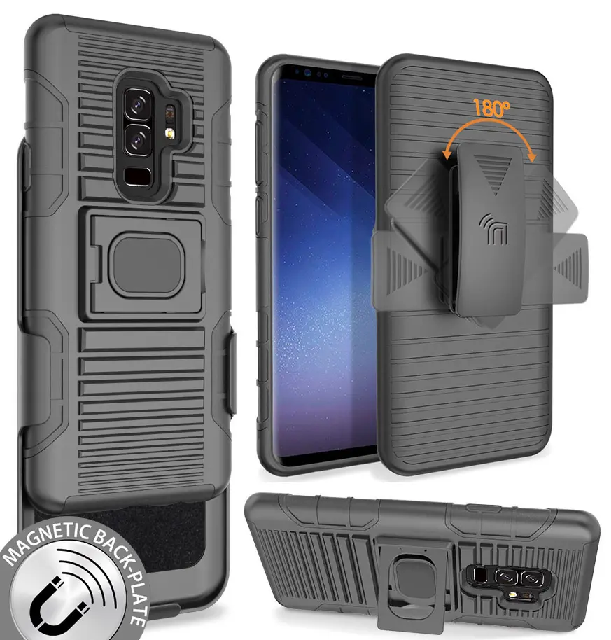 Case with Clip for Galaxy S9 Plus, Nakedcellphone Black Ring Grip Cover + Belt Hip Holster Stand [with Built-In Mounting Magnet] for Samsung Galaxy S9 Plus, SM-G965, S9+