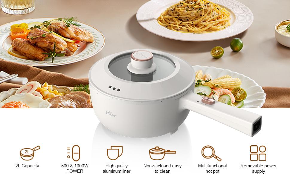 Bear Hot Pot Electric, 2L Multifunctional Portable Cooking Pot, 1000W Rapid Noodles Electric, Non-Stick Frying Pans for Steak, Egg, Ramen, Oatmeal With Dual Power Adjustment Bear Hot Pot Electric, 2L Multifunctional Portable Cooking Pot, 1000W Rapid Noodles Electric, Non-Stick Frying Pans for Steak, Egg, Ramen, Oatmeal With Dual Power Adjustment
