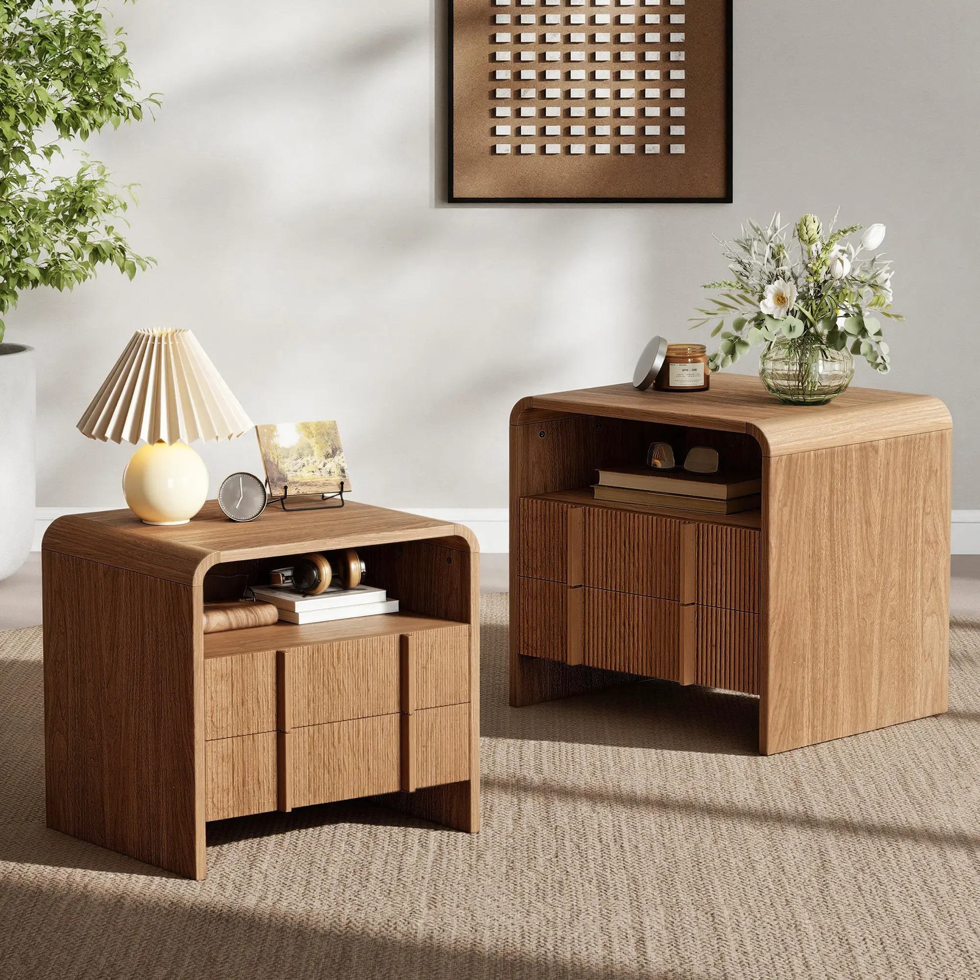 [SummerSale] AMERLIFE 2 Different Style Modern Night Stand with Storage Drawer & Open Shelves, Small Nightstand & Bedside Table with Open Shelf, Curved Profile Design & Pine Handles, Wood End Table for Bedroom, Living Room,