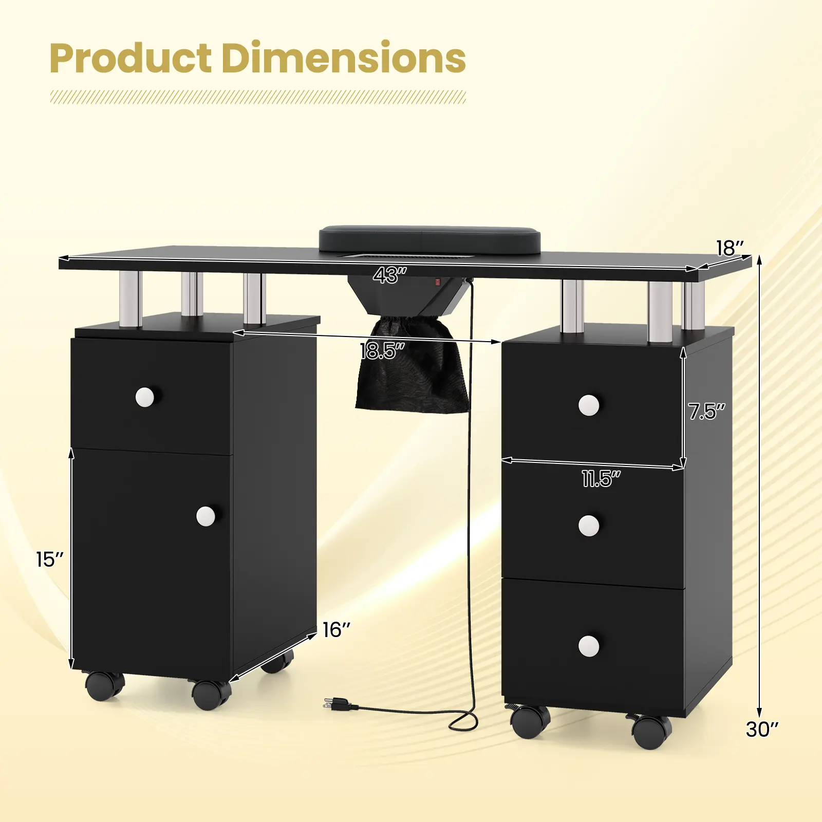 COSTWAY - Manicure Table Nail Desk with Electric Dust Collector and 3 Dust Bags-Black