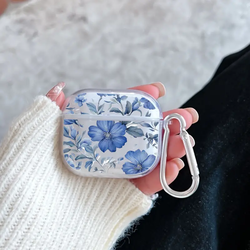 Blue Flowers Pattern TPU Soft Protective Case for Apple AirPods 4/3/2/1/Pro/Pro2 Transparent Earphone Cover with Keychain Attachment