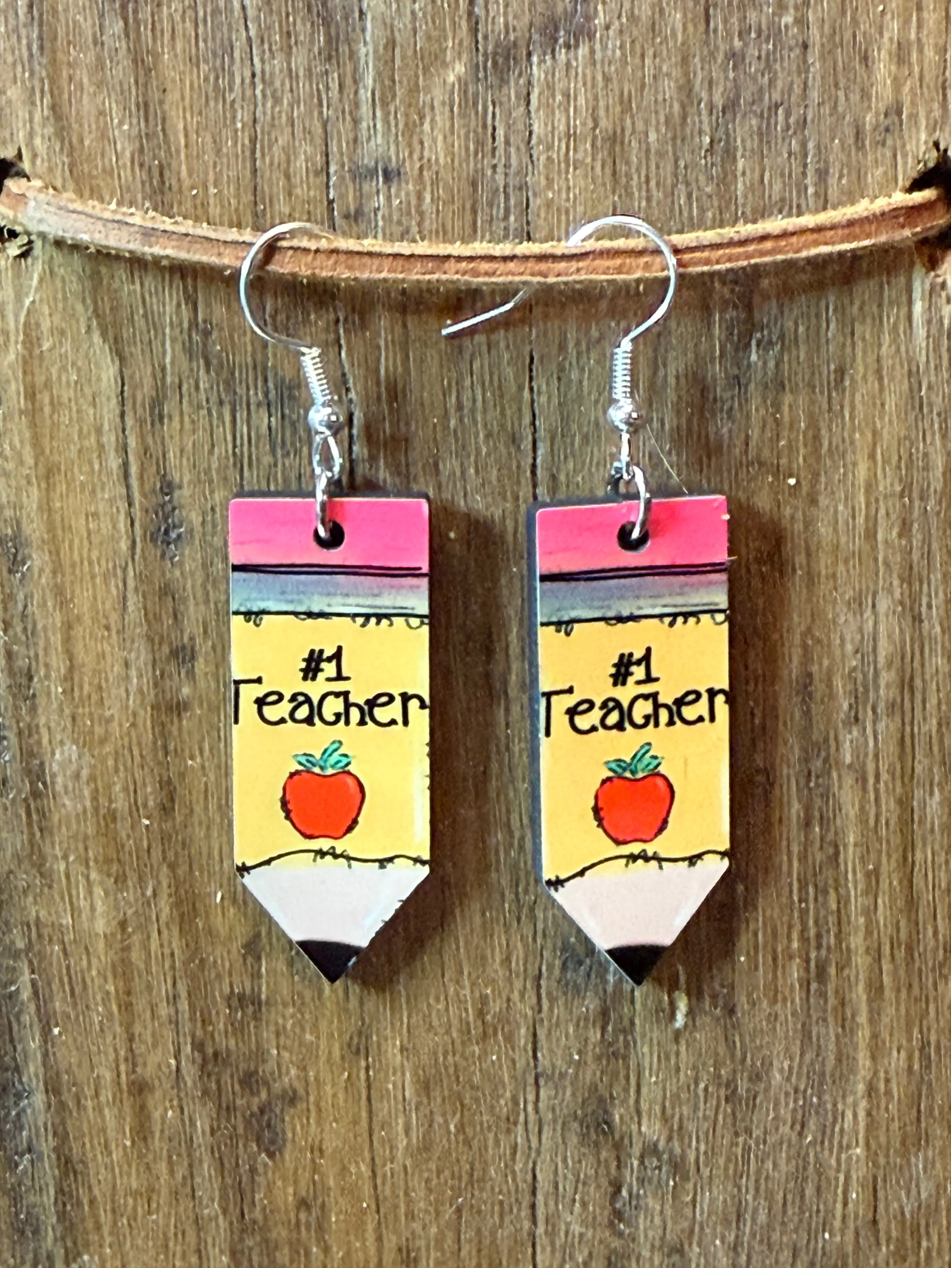 #1 Teacher Pencil Wood Earrings – Teacher Appreciation Dangle Earrings