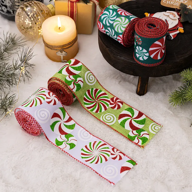 Burlap Candy Stripe Ribbon Roll, Christmas Wreath Tree Decor Gift Wrapping Supplies Party Crafts, DIY Handmade Bouquet Packaging