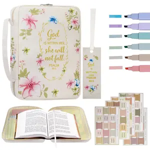 Floral Bible Cover for Women【w/6 Highlighters & Tabs】Large Capacity Scripture Case with Pen Holders and Pockets, Christian Gift for Ladies, Inspirational Book Bag, Travel Church Organizer Tote