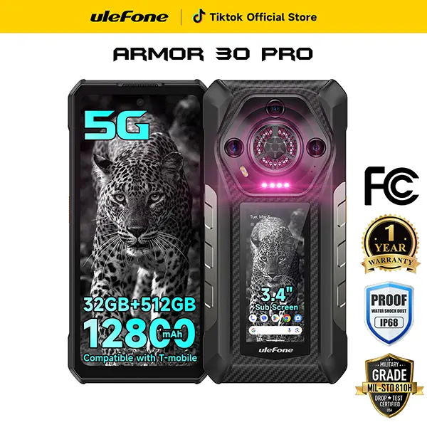 Ulefone Armor 30 4G/Armor 30 Pro 5G Rugged Phone,24GB Ram+512GB Rom,64MP Night Vision+50MP+50MP+32MP Camera,12800mAh(66W) Battery,Versatile LED Light,118dB/28mm Loudspeaker,6.95" FHD & 120Hz Screen,MediaTek Helio G100,Al-powered Shots,IP68 Smartphone