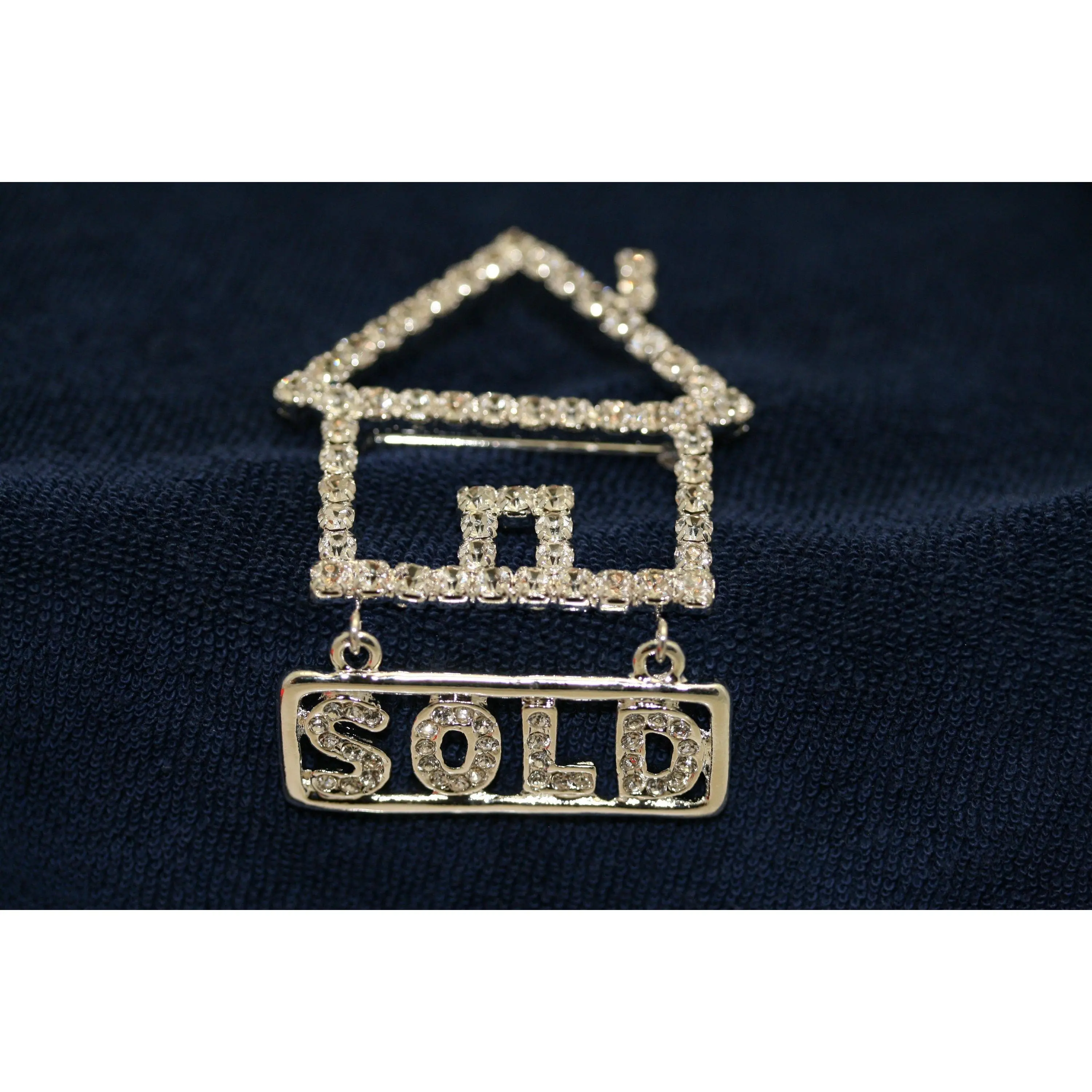 Silver-Tone Rhinestone House Home Sold Sign Realtor Brooch Pin - Fashion Clothing Collar Accessory with Excellent Condition