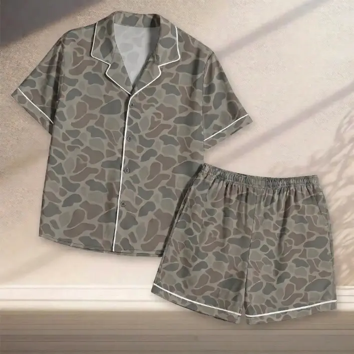 Women's Camo Satin Pajama Set, Camouflage Short Sleeve Button Up Sleepwear, Silky Soft 2 Piece Loungewear, Cozy Nightwear Gift