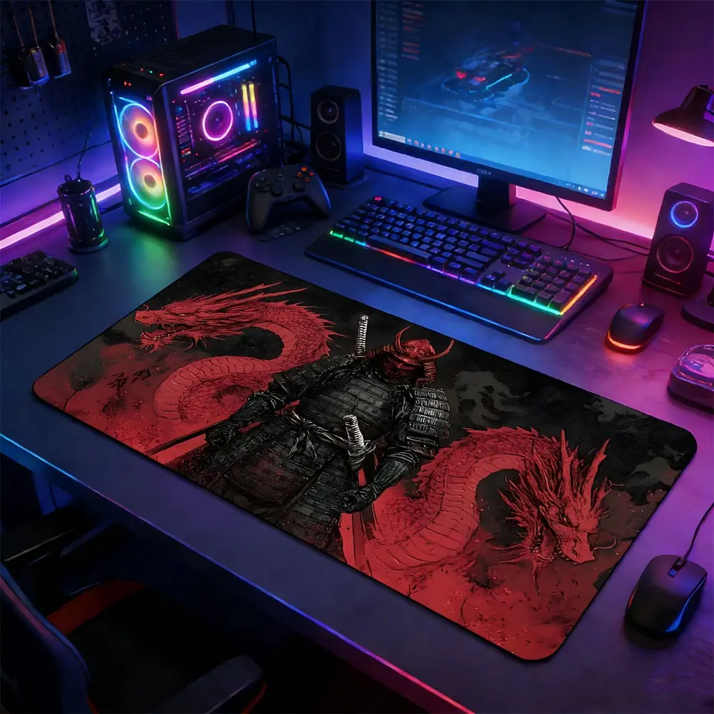 Japanese Samurai Red Dragon Large Gaming Mouse Pad, Non-Slip Rubber Base Stitched Lock Edge Desk Mat, Dark Wuxia Artistic Design, Durable Computer Accessory, Desktop Accessory for Home Office & Gaming Setup, Gift for Gamers & Samurai Dragon Fans