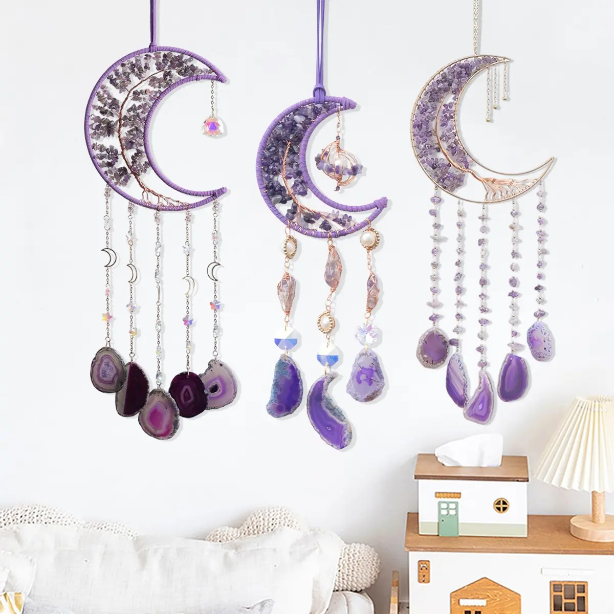 DREAMSUM Purple Dream Catcher Wall Decoration, Wall Hanging Ornament, Handmade Copper Wire Wrapping Gravel Tree of Life, Natural Agate Pendant, Home Living Room, Room Courtyard Hanging Decoration, Perfect Christmas Gift