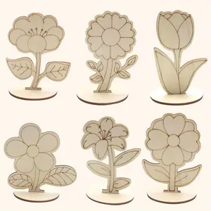 Set of 6 Wooden Decorations for DIY Crafts, Rose Lily Sunflower Designs, Spring Easter Tabletop Decor, Halloween Christmas Gifts