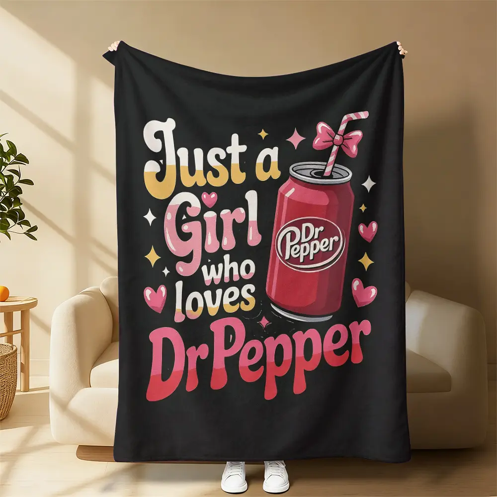 Dr Pepper Flannel Fleece Throw Blanket - Black with Soda Can & Pink Heart Print, Cozy Aesthetic Soft Blanket for Sofa Bed, Thoughtful Gift for Soda-Loving Girls (Birthday Holiday Present)