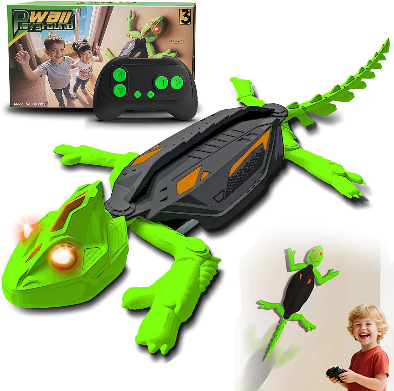 Cool RC wall-climbing chameleon toy with glowing LED eyes, supports dual modes for wall and floor driving. Rechargeable design, funny spoof play toy, ideal summer daily gift for kids aged 3 and up.