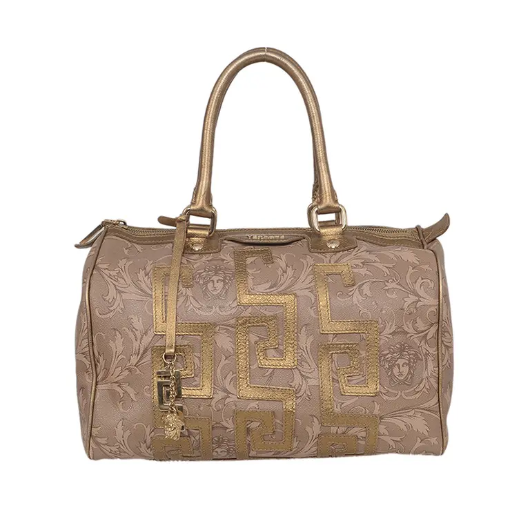 Pre-owned VERSACE Calfskin Handbag Boston Brocco Printed Gold CPU0714