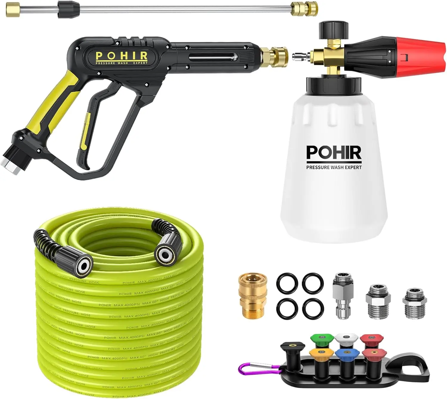 POHIR Heavy Duty Pressure Washer Gun with Foam Cannon, 50ft Yellow Hose-Powered Pressure Washer Hose, 3600 PSI Sprayer with Wand, 3/8'' Quick Connect, M22 Fitting, Car Wash Sprayer Compatibility, Pressure Washer Sprayer