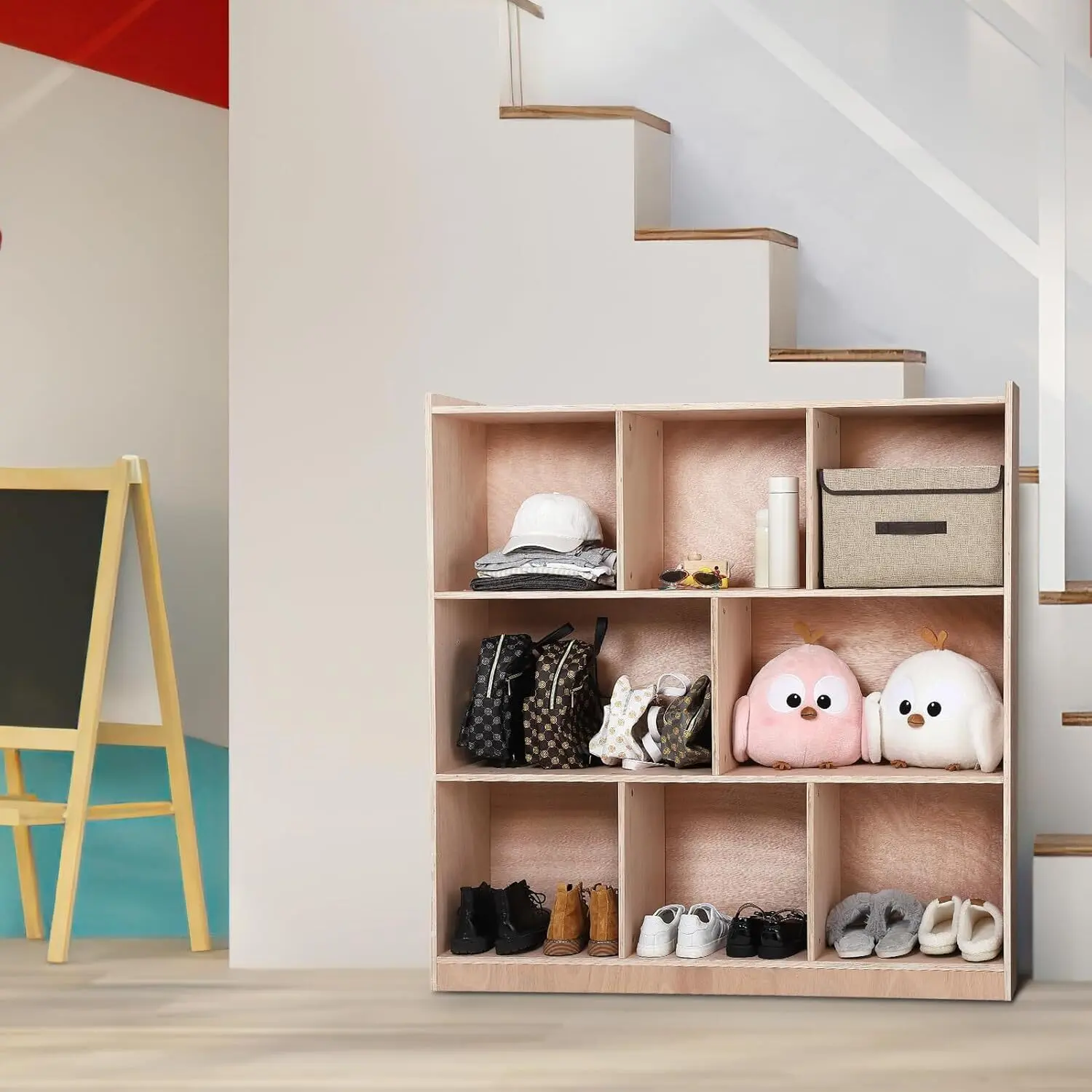 8-Section Lacquered Surface Home Organizer Storage Cubby Cabinet - Cupboard with 4 Casters, 2 Boxes, Anti-Tip Feature for Clothing Organization, Kids Organization, Children