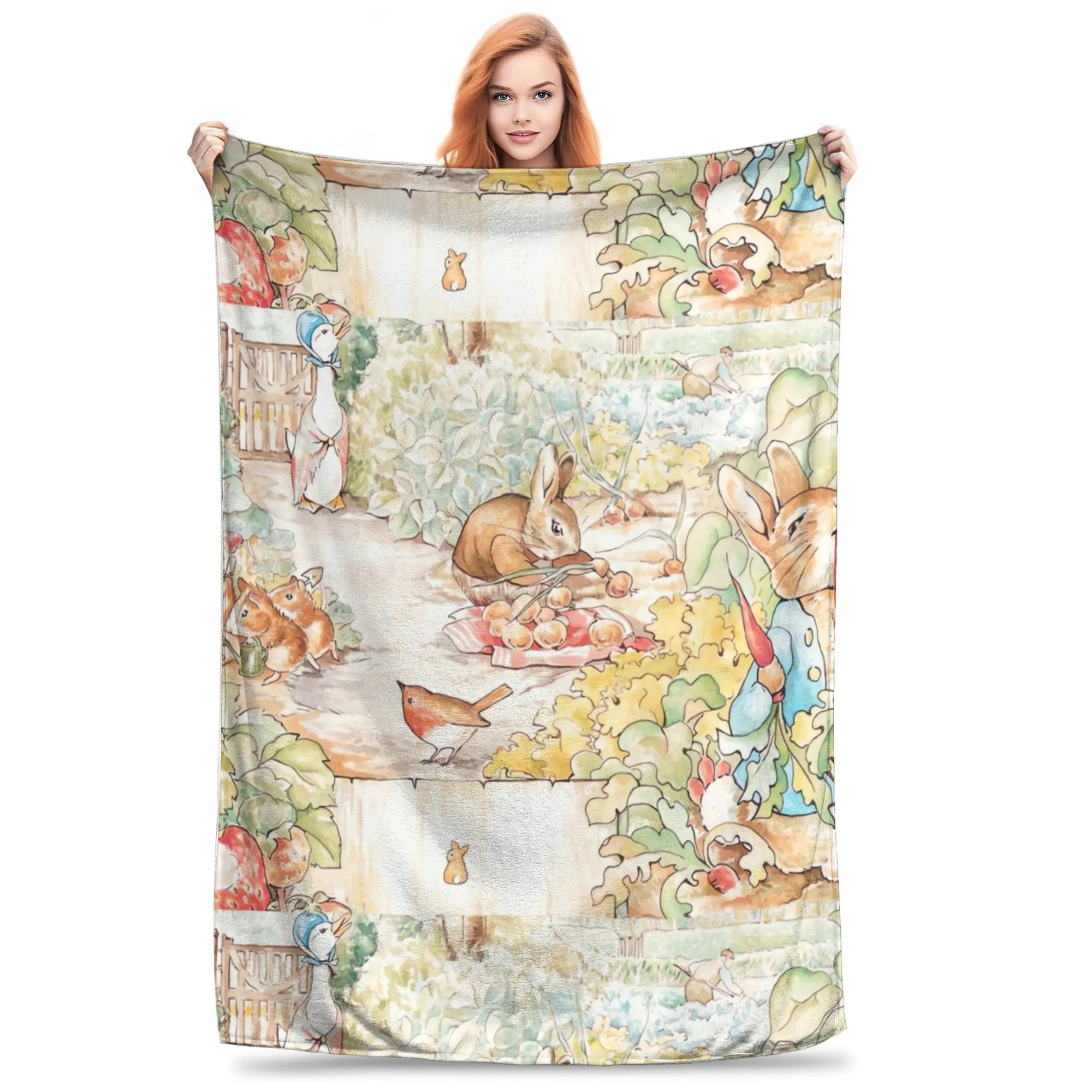 Vintage Beatrix Potter Modern Polyester Tufted Weave Adult Flannel Blanket - Large, Soft, Wrinkle Resistant, Fade Resistant, Breathable, Cooling, Durable, Machine Washable, All Seasons Bedding Throw with Peter Rabbit Illustration Print - For Sofa, Bedroom