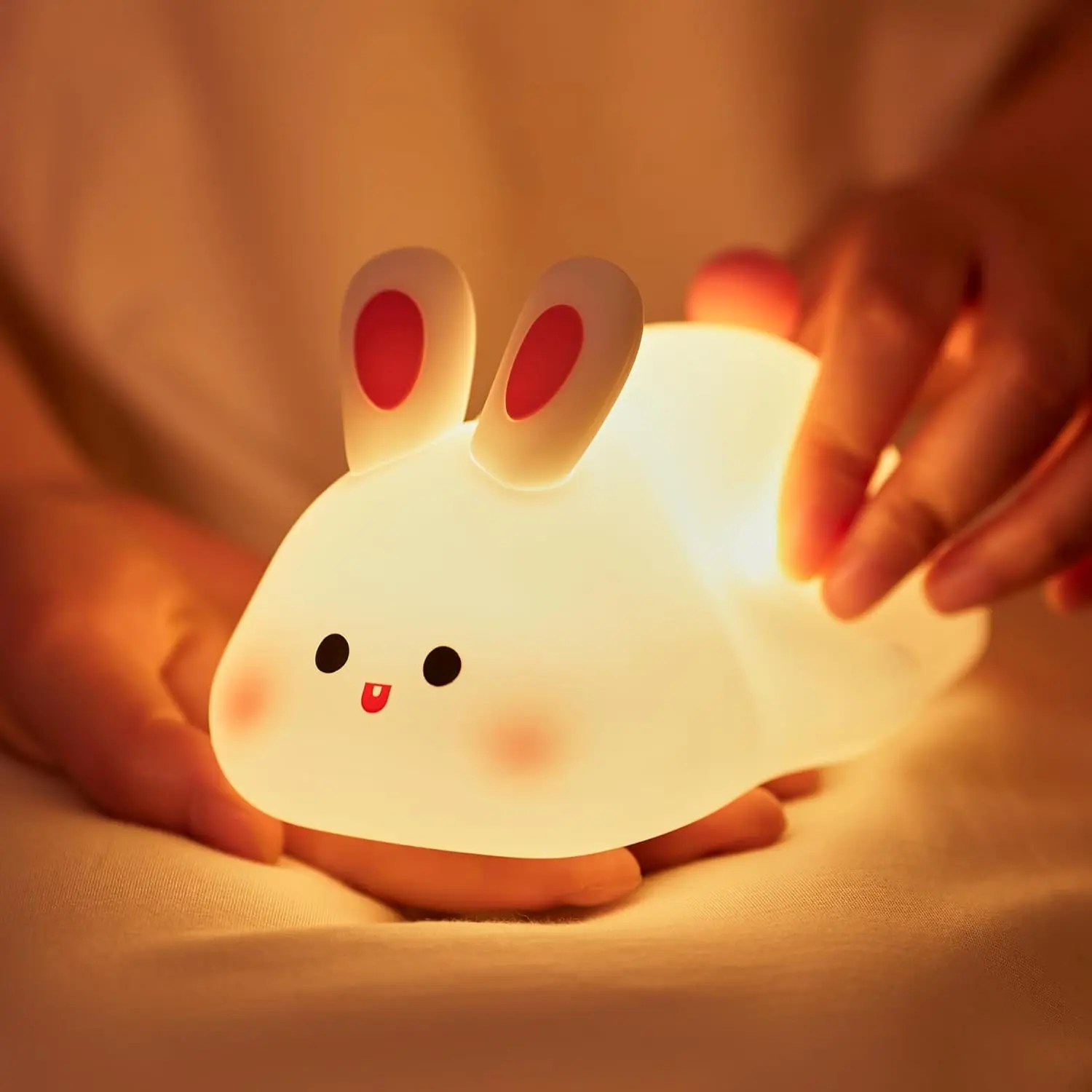 Cute Big Face Rabbit LED Night Light, Rechargeable 3 Level Dimmable Silicone Night Lights，Funny Office Desk and Home Bedroom Lighting Decor ，Perfect Gift For Family and Friend，Birthday gift, Nightlight For Bedroom, Bunny Lamp