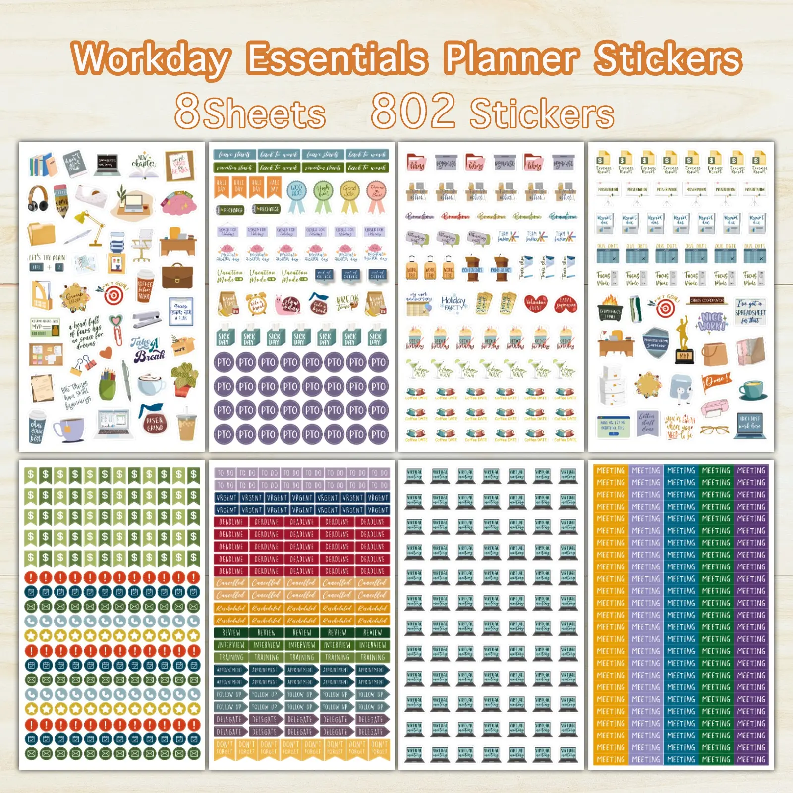 Business Productivity Stickers Pack, Sticker Sheets, Sticker Set, Meeting Deadlines Work Office Icons, Ideal for Scrapbooks Bullet Journals Laptops Planners Sticker Packs Scrapbooking, Scrapbook Accessories
