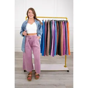 DoorBuster! Plus Size Acid Wash Fleece Palazzo Sweatpants with Pockets - Beige