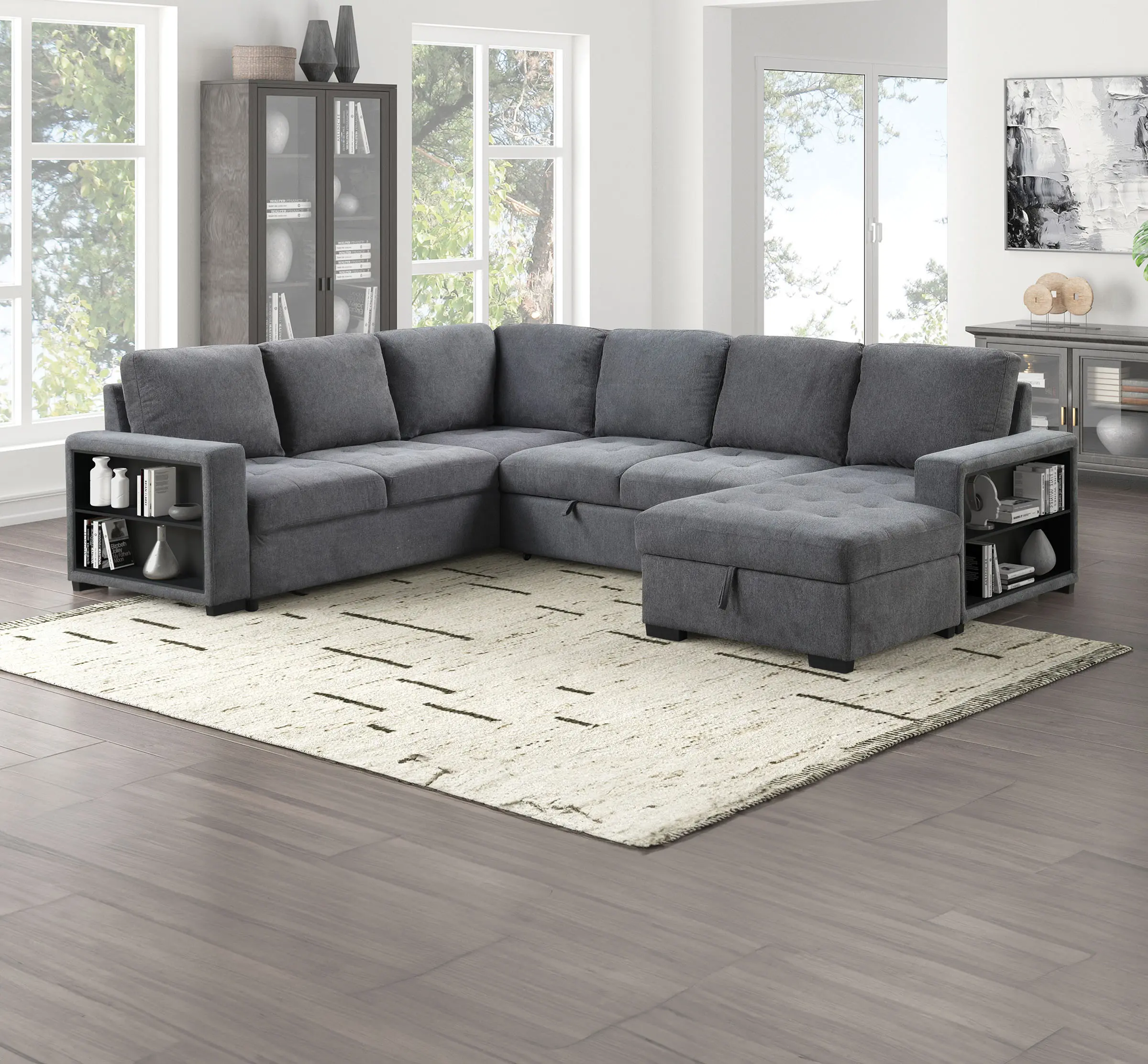 Stockwell Modern Charcoal Gray U-Shaped Sectional Sofa with Chaise, Built-in Storage Shelves & Hidden Ottoman Compartment – Space-Saving Sleeper Design