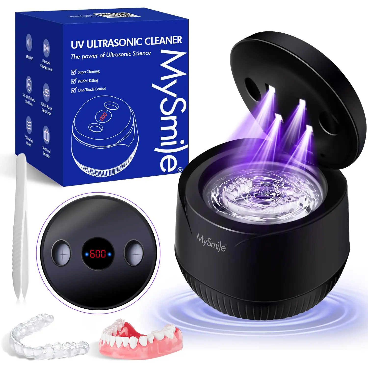 MySmile 45kHz Wave Ultrasonic Cleaner Machine - Lightweight 200ml Stainless Steel Bath for Dental Accessories, Whitening Trays, Retainers, Aligners, Dentures - Bathroom Counter Portable Single Item, Jewelry, Cleaning, Deep Clean, Teethwhitening, One Butto
