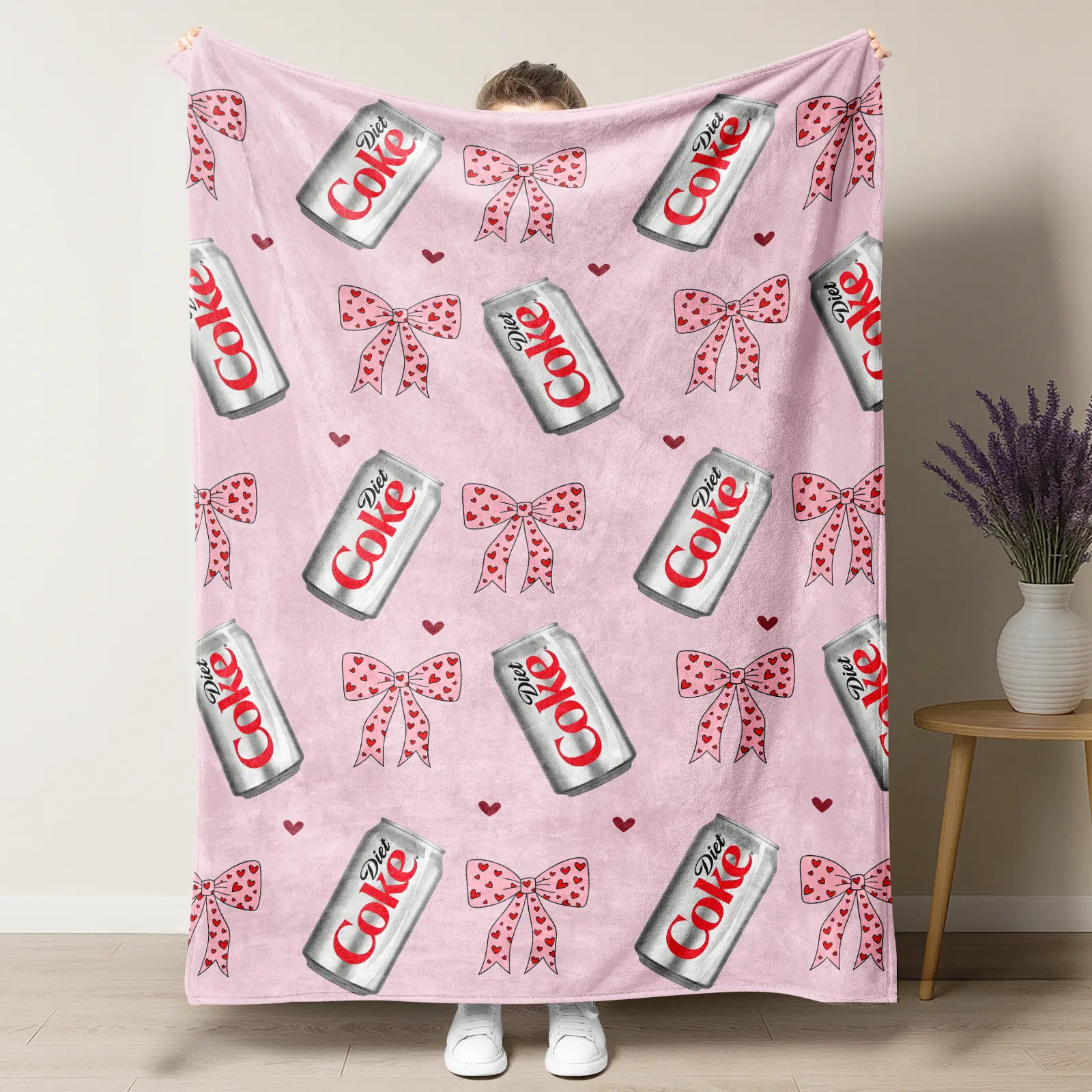 Diet Coke Original Flavor Pink Bows & Red Hearts Cozy Chic Flat Velvet Blanket, Lightweight Soft Decorative Throw, Machinewash Easy Heartfelt Gift for Office Use, Cozy Chic Blanket, Heartfelt Gift Blanket