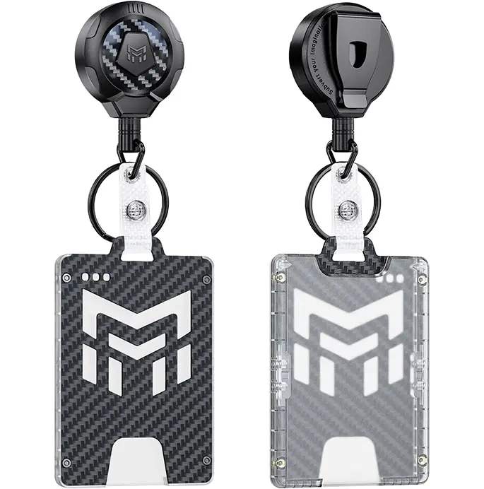 MNGARISTA Retractable Badge Holder, Heavy Duty Badge Reel Keychain with Belt Clip, 3K Carbon Fiber ID Card Holder Lanyard with 32.26" Retractable Key Chain, Black