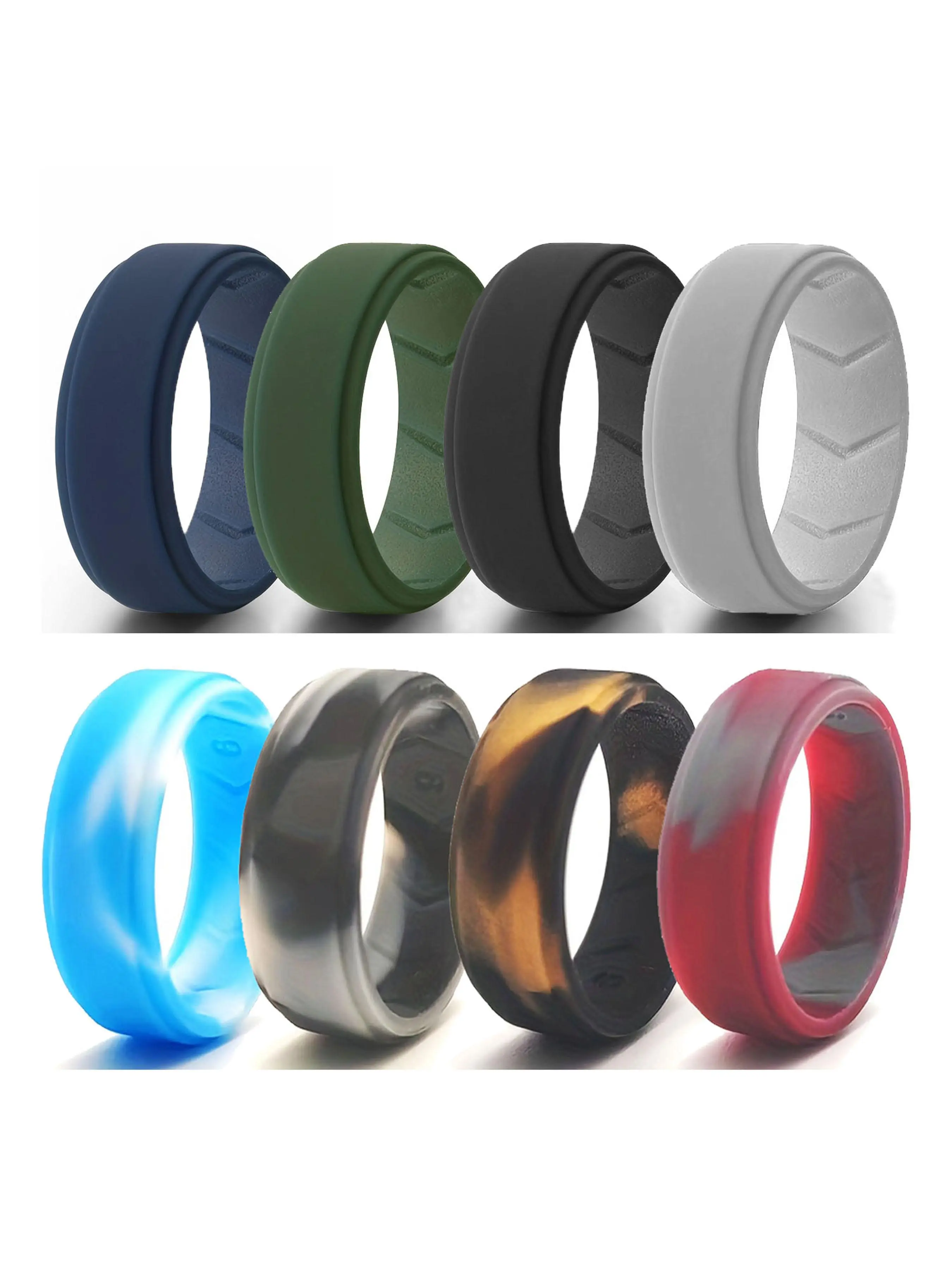 Men's Silicone Ring, Soft Camo & Plain Color Silicone Ring, Suitable for Outdoor Fitness, Running, Hiking, Camping, Perfect for Men's Daily Accessories, Set of eight, Versatile use, Silicone Wedding Band, Rings Set