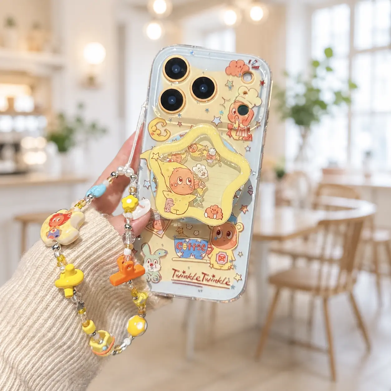 Cute Star Shaker Phone Grip with Beaded Wrist Strap, Kawaii Cartoon Character Pop Socket, Yellow Y2K Phone Accessory, Phone Stand and Holder