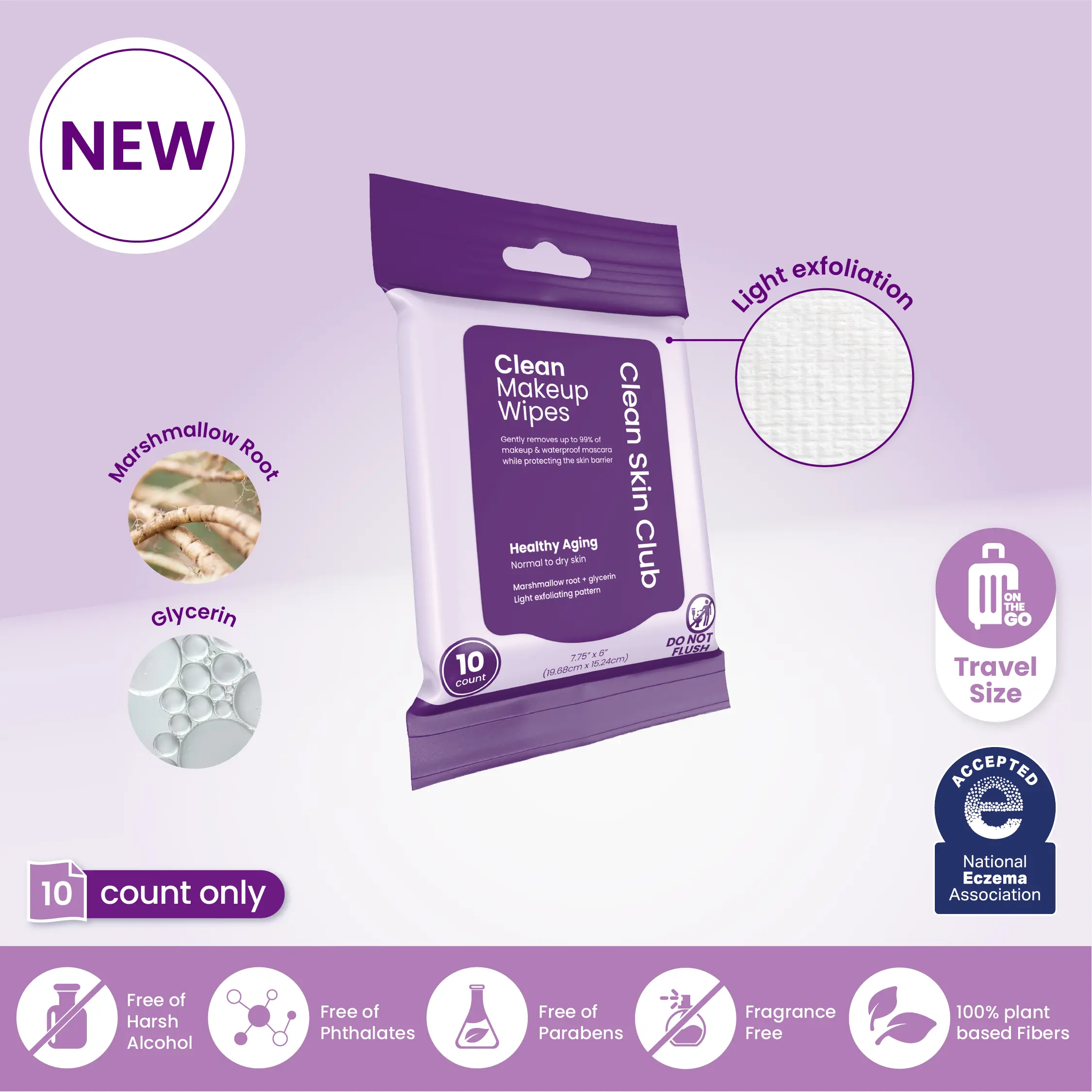 Clean Makeup Wipes Healthy Aging Travel 10ct: Hydrating, Non-Irritating Removal for Normal to Dry Skin