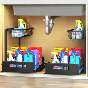 Under Sink Organizer, Height Adjustable UnderSink Organizers and Storage, 2 Tier Pull OutDrawer Cabinet Organizer for Kitchen Bathroom