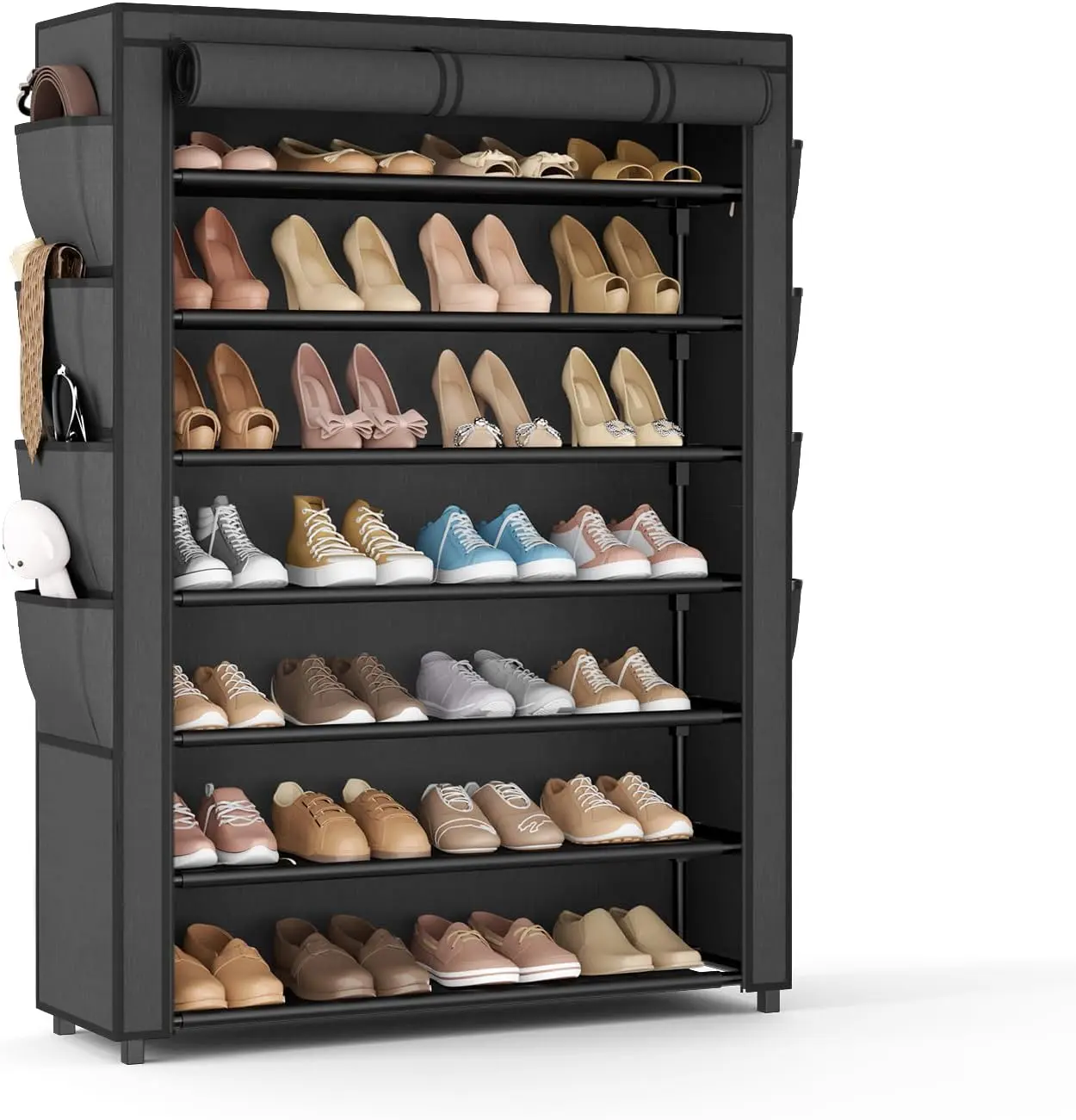 Shoe Rack with Cover, 7 Tier Shoe Organizer Storage for 35-40 Pairs Shoes and Boots Large Capacity Tall Shoe Shelf with 8 Pockets Free Standing Shoe Rack for Closet, Entryway, Garage
