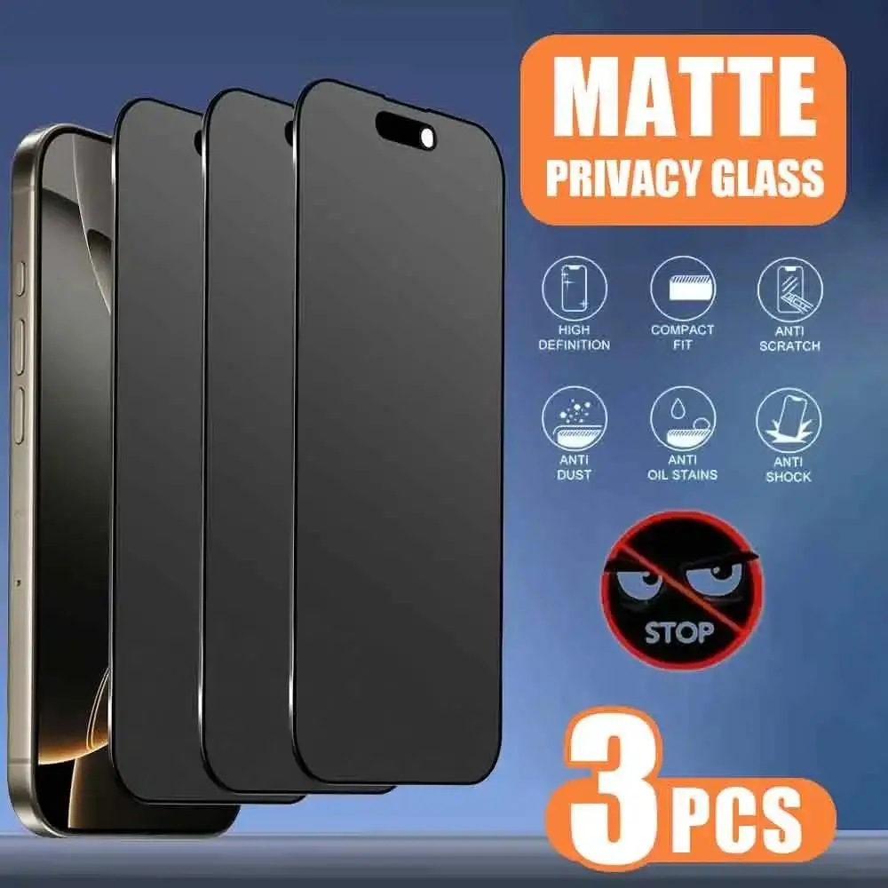 3 Pcs Matte Privacy Protective Screen Protector, Protective Mobile Accessory, Compatible With iPhone 17 16 Pro Max 15 14 13 12, Frosted Anti-Peeping, 9H Tempered Glass Film, Full Coverage, Anti-Fingerprints, Anti-Fall