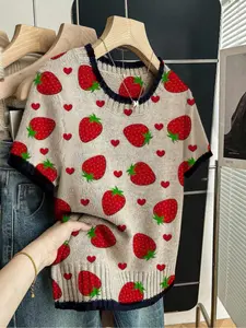 Strawberry Heart Print Round Neck Sweater, Casual Short Sleeve Knitwear for Spring Summer Fall, Comfortable Warm Women's Clothing