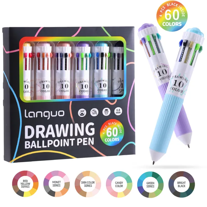 6 Pack Multicolor Pens, 60 Colors, 10-in-1 Colored Ballpoint Pen,0.8mm Fine Point Smooth Writing, Retractable Ballpoint Pens for Office School Students Gifts