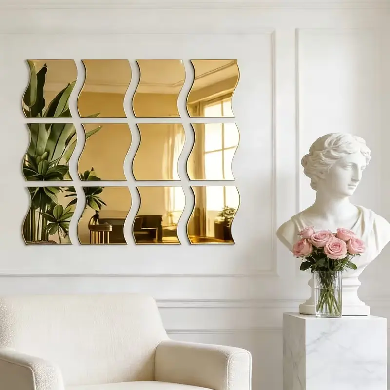Golden square acrylic mirror wall sticker, Decorative Wall Sticker, suitable for home decoration in living rooms, bathrooms, and bedrooms. Removable mirrored wall stickers suitable for home use, including shower and bathroom mirrors, size 35CM x 20CM