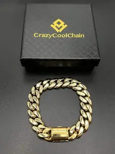 14mm Gold Plated Miami Hip Hop Cuban Bracelet, Durable Stainless Steel Hand Chain, Party Style, All Seasons, Flip Clasp Design