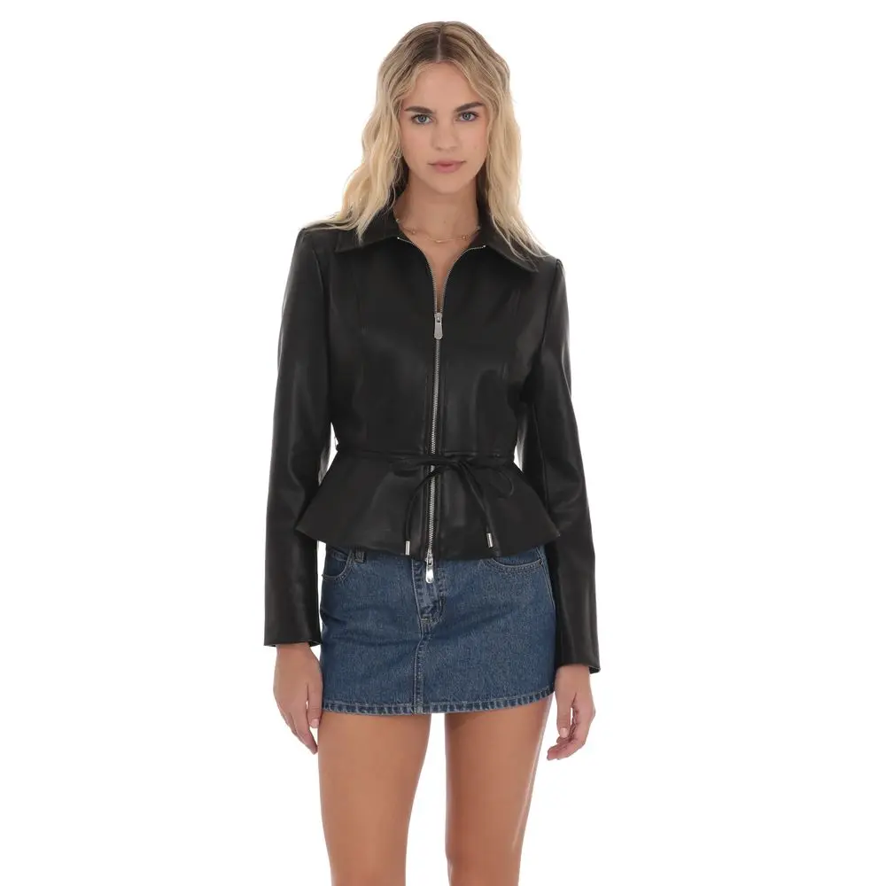 Belted Faux Leather Jacket in Black