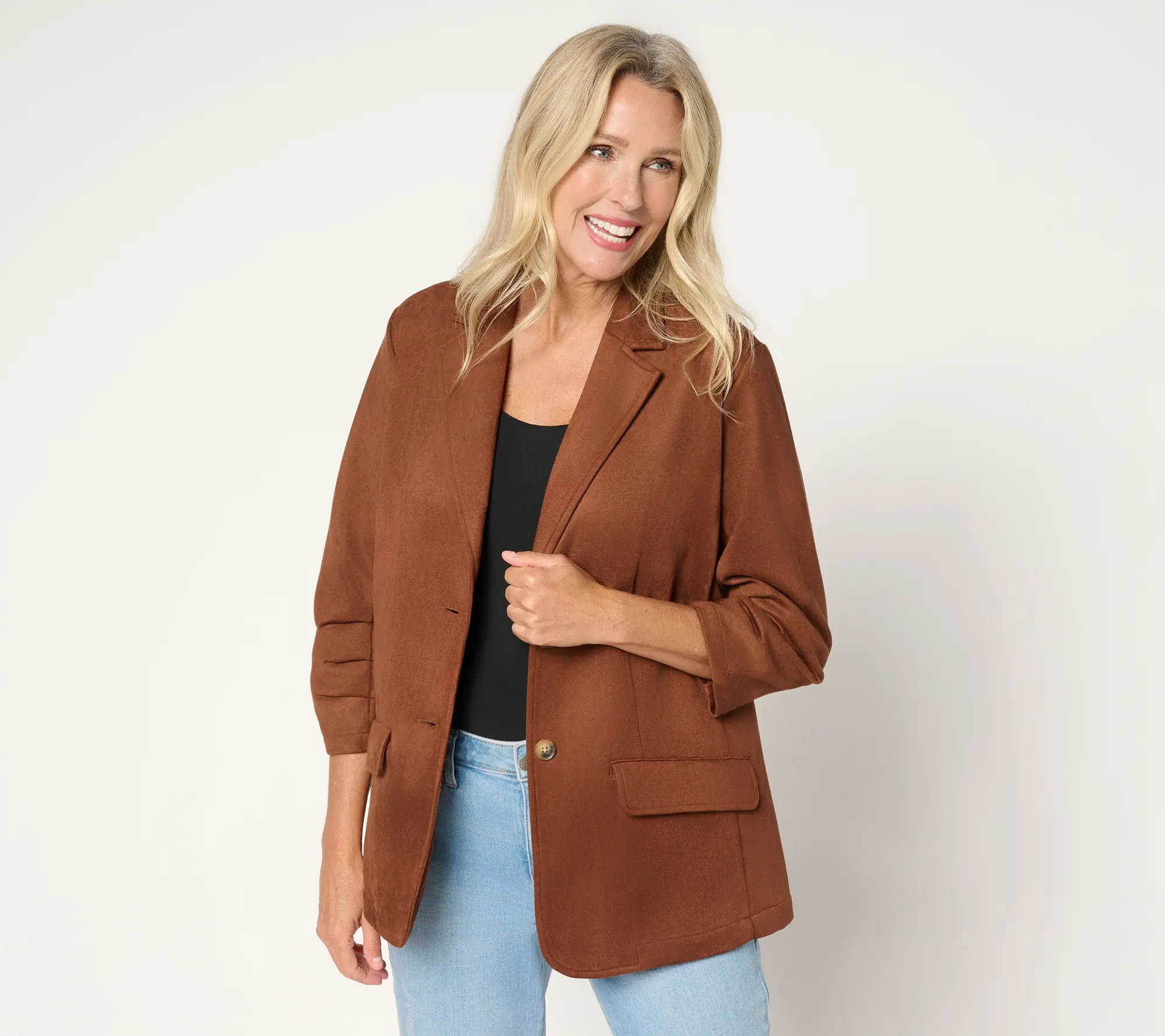Ree by Pioneer Woman Petite Suede Scrunched Sleeve Blazer