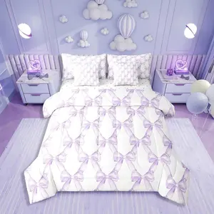 Bow Bed in A Bag Dreamy Princess Style Bowknot Bedding Set,Purple Watercolor Bow Tie Comforter Set,7 Piece for Kids Boys Girls Room Decor,Geometric Ribbon Bowknot Bed Set