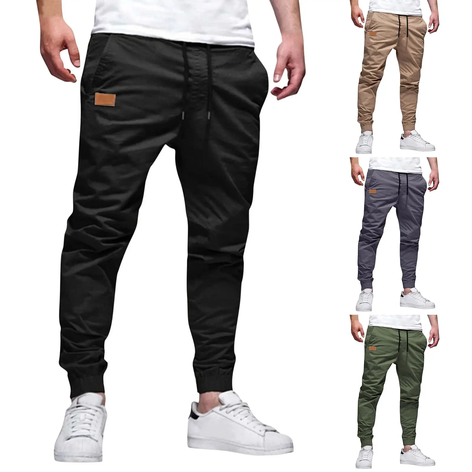 Men’s summer casual jogging pants — drawstring cargo pants made of twill cotton for hiking and outdoor activities; twill sports pants with cuffs; casual long pants
