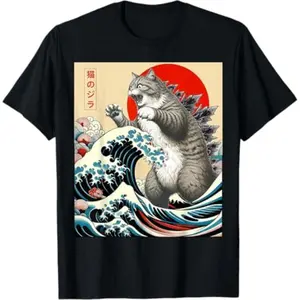 Women's Catzilla Japanese Art Figure Print Crew Neck T-Shirt - Fashion T-Shirts, Funny Graphic Tee, Streetwear, Fitted, Oversized
