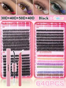 640PCS Individual Lash Clusters 9 Colored Large Capicity D Curl 9-16mm Mixed DIY Lash Clusters Natural Look&Wispy&Colorful Reusable DIY Eyelash Extension Kit With Makeup Tool Lash BOND&SEAL And Tweezers For Beginner Use At Home Or On-The-Go For Daily