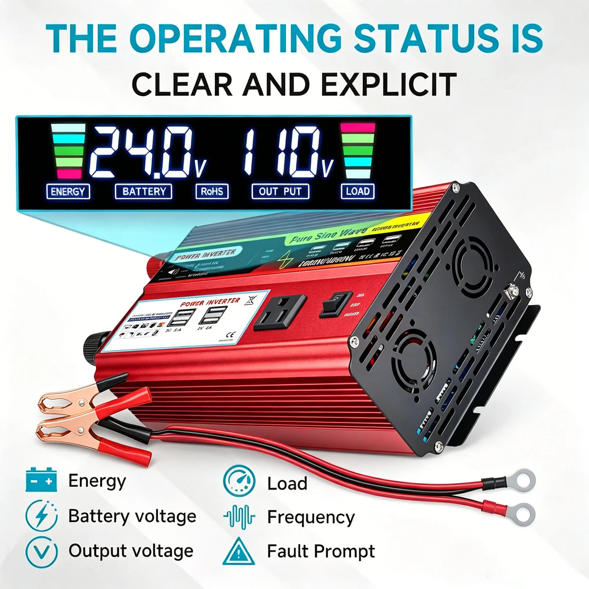 1000W Peak Power Inverter, 2000W Pure Sine Wave DC 12V to 110V Fast Charging Converter with LCD Display, Portable DC Power Supply for Car/RVs/Truck, Boating Outdoor Use, Trucks, Easy To Use, Outdoor Activities, Real-Time Power Monitoring