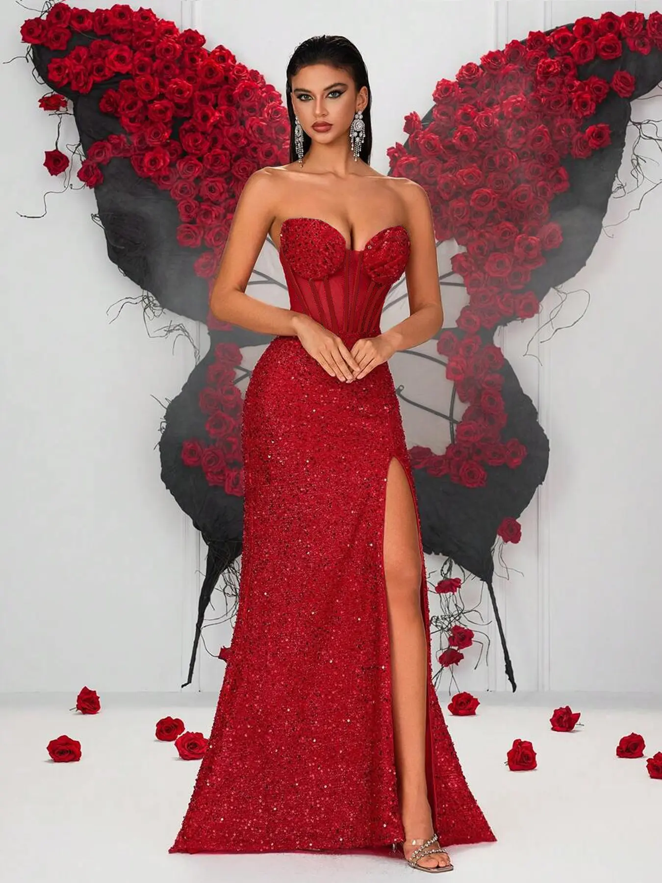 Women's Elegant Mermaid Gown, Off Shoulder Sparkly Sequin Dress with a Sexy High Slit for Parties & Banquets, Statement, Fashion Apparel, Formal Dresses, Elegant Dresses