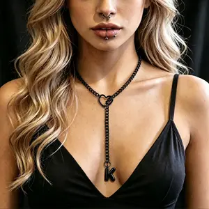 Black Heart Slip Chain Initial Necklaces for Women, Stainless Steel Choker Necklace, Gothic O-Ring Adjustable Lariat Y Necklaces, Punk Cuban Collar Choker Necklace, Halloween Jewelry Gift