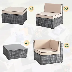 Walsunny Patio Furniture Set 7 Pieces Outdoor Rattan Chair Wicker Sofa Garden Conversation Bistro Sets for Yard, Pool or Backyard, Silver Gray