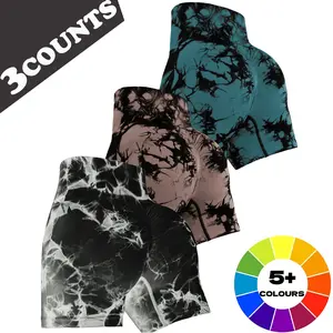 Women's three-piece athletic shorts set, tie-dye high-waisted yoga pants. High-waisted, tummy-controlling, shaping, and highly elastic, suitable for gyms, yoga, fitness, and daily workouts. Summer beach shorts, athletic yoga pants set.
