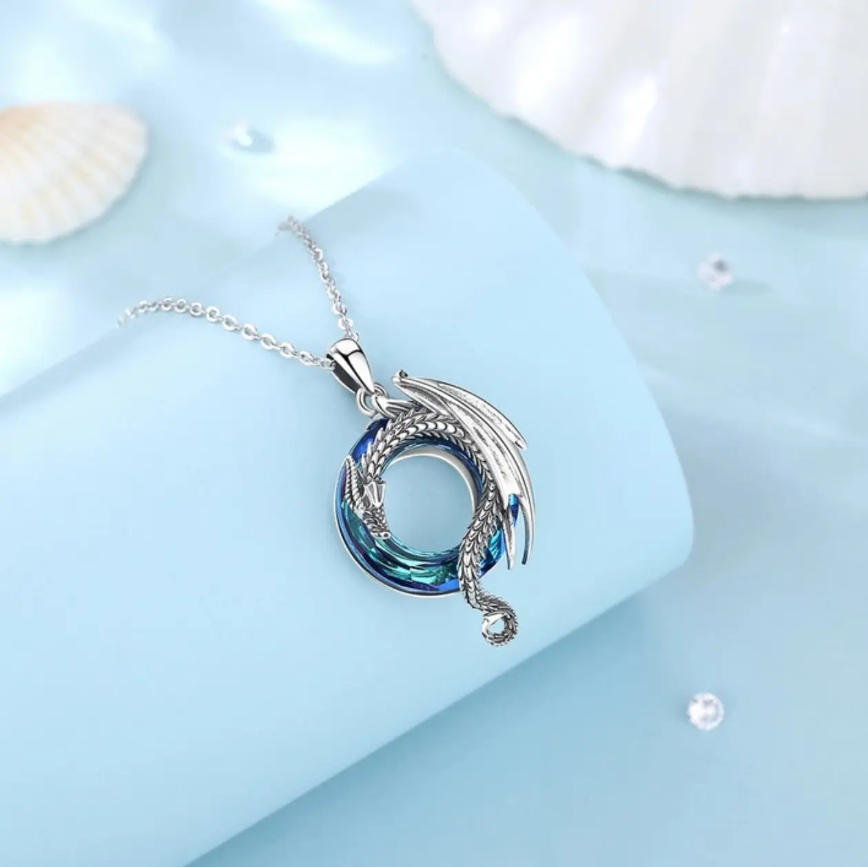 Vintage 925 Sterling Silver Retro Dragon Luxury Austrian Crystal Pendant Necklace