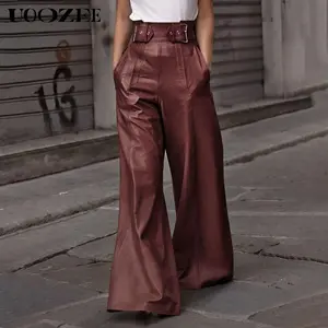 UOOZEE NEW  Women's Faux Leather Pants PU High Waist Wide Leg Pants with Pockets Pleated Going Out Flare Trousers